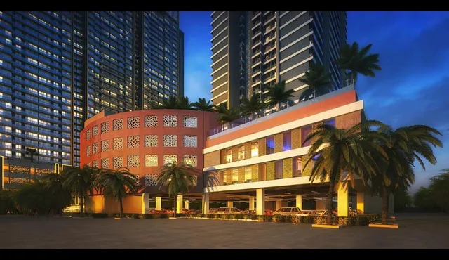 Clubhouse and retail podium render at dusk