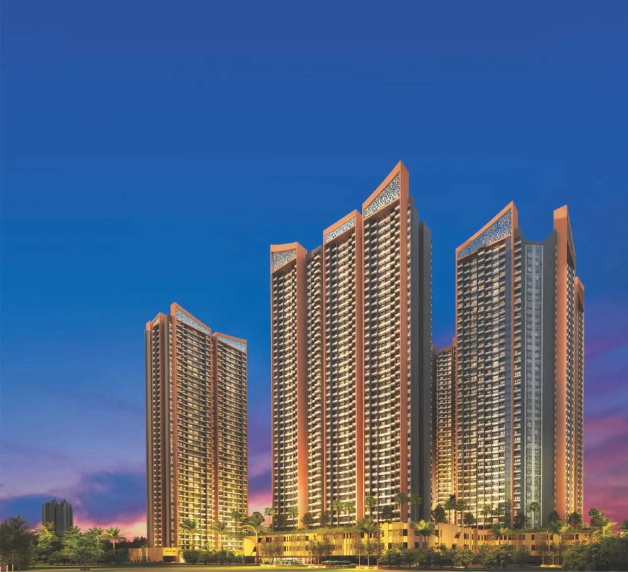 Arihant Aspire township towers at dusk — skyline render