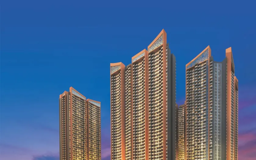 Arihant Aspire township towers at dusk — skyline render