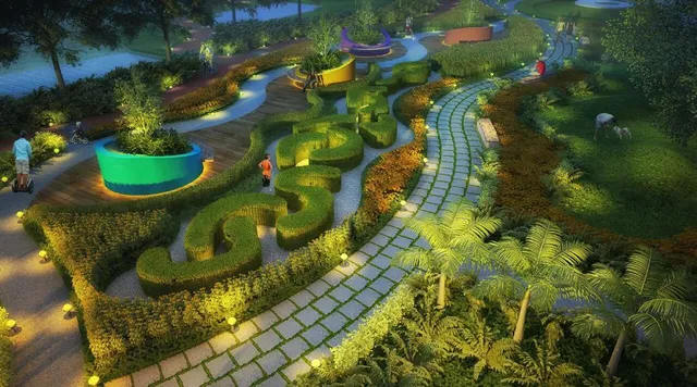 Garden maze and lawns along the walking loop — render