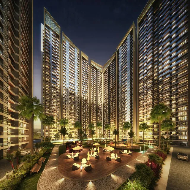 Evening render between two towers above the amenity deck
