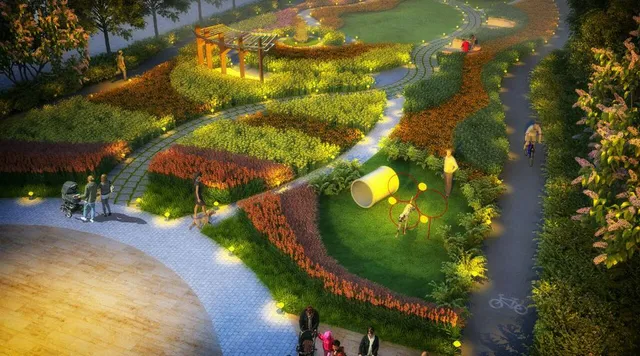 Landscaped garden render with walking paths and pergola