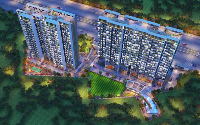 Aerial render of the two-building layout