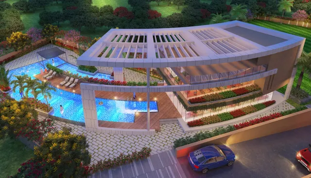 Clubhouse and pool deck — aerial render