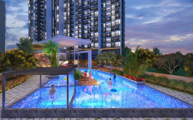 Pool and tower render at dusk